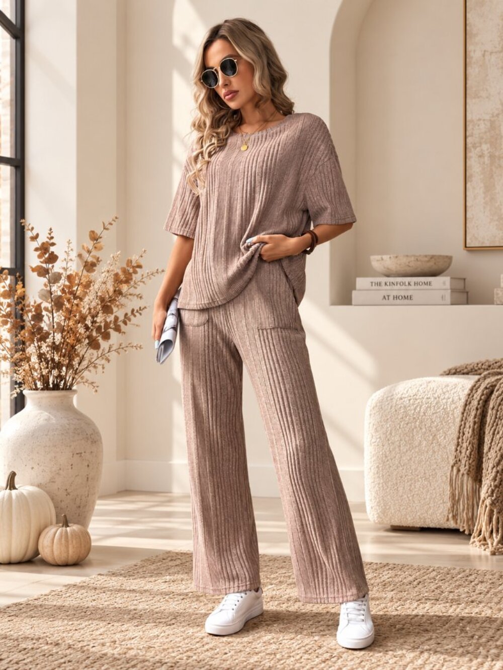 Apricot Ribbed Lounge Set Wide Leg Pants Size Large - Picture 1 of 7